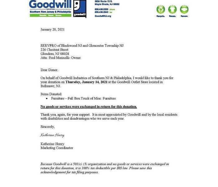 Donation of MORE Furniture to Goodwill, SERVPRO of Blackwood NJ, Donated Items for Pandemic