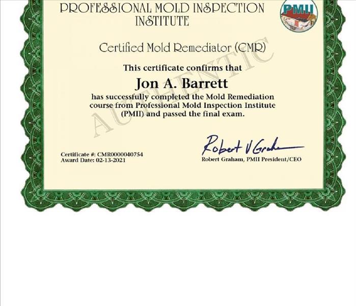 Certified Mold Training in NJ, Certified Mold Remediator, Mold removal near me, Mold remediation near me, certificate image